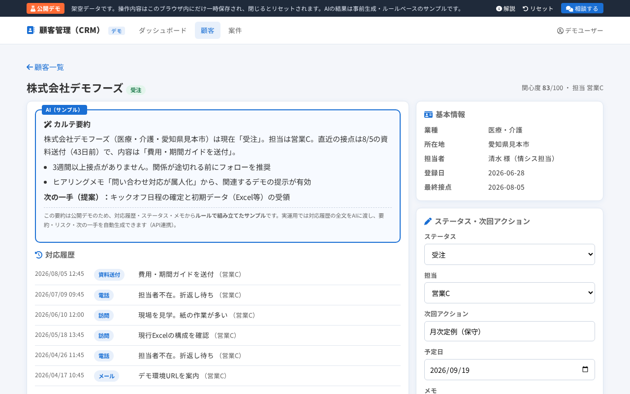 顧客管理（CRM）デモの結果画面